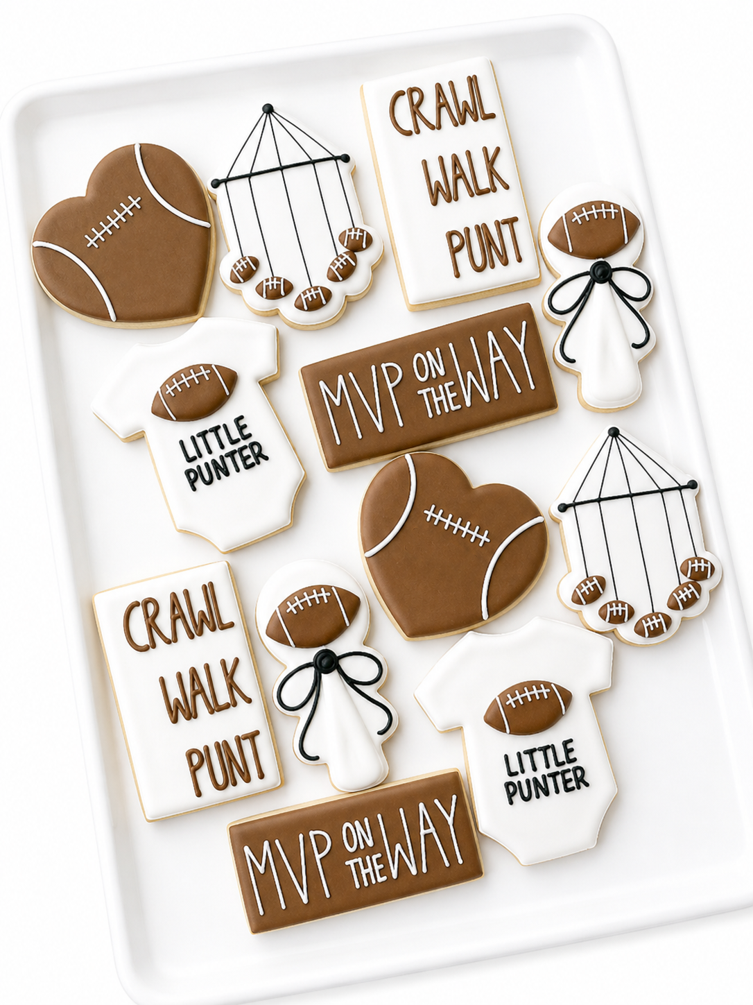 football, onesie, little punter, crib mobile, rattle, mvp, football baby shower cookies