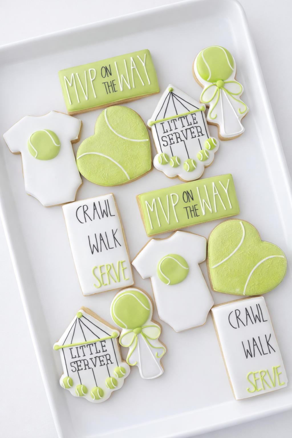 tennis ball, onesie, little server, crib mobile, rattle, mvp, tennis baby shower cookies