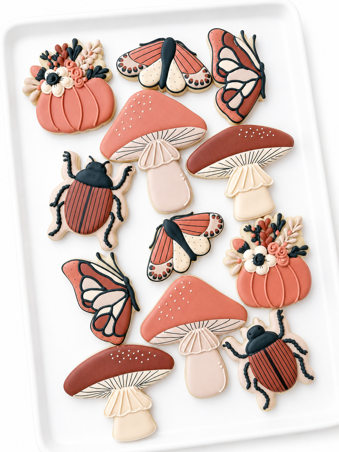 mushrooms, butterfly, moth, pumpkins, creepy crawly, slug, tarantula, toadstools, snake, halloween decorated cookies, beetle