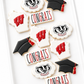 university of Wisconsin bucky badgers football basketball graduation grad cap, diploma, congrats decorated cookies