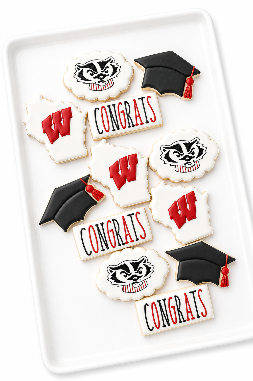 university of Wisconsin bucky badgers football basketball graduation grad cap, diploma, congrats decorated cookies