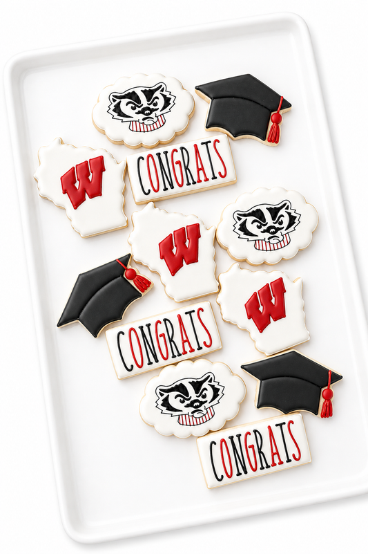 university of Wisconsin bucky badgers football basketball graduation grad cap, diploma, congrats decorated cookies