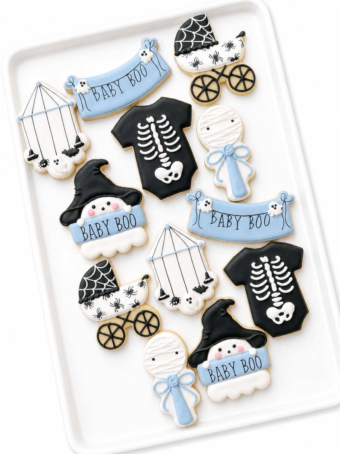 baby boo, little boo, skeleton onesie, mummy rattle, spider stroller, crib mobile, halloween baby shower cookies, halloween cookies