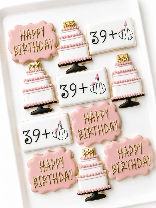 birthday cake, balloons, middle finger, happy birthday, 40th birthday cookies
