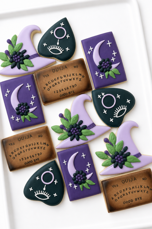 ouija board, planchette, witch hat, tarot card cookies