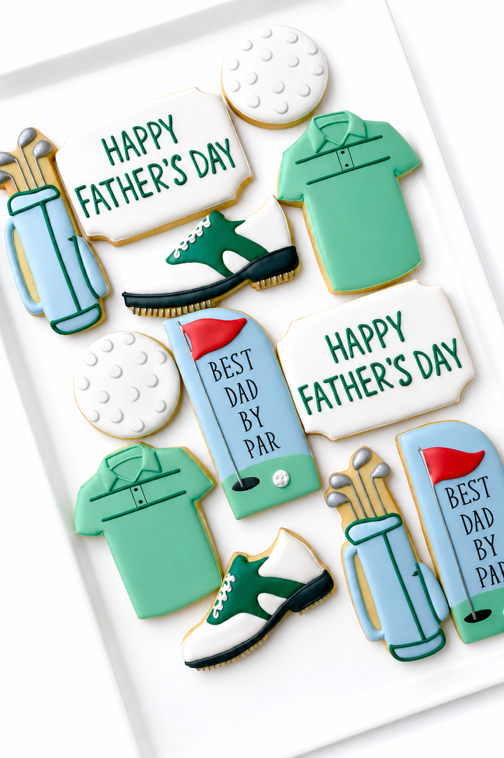 golf club, golf shirt, golf ball, and golf course, golf bag, tee time, father's day golf cookies, golf shoe decorated cookies dads day cookies 