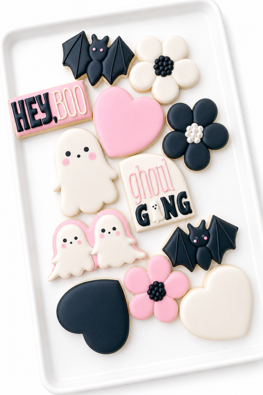 hey boo, ghost with flowers, candy apple pumpkin, ghosts holding hands, tiny cute ghosts, halloween cookies decorated halloween cookies