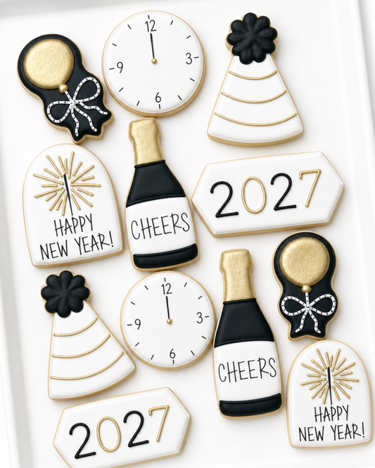 champagne cheers, midnight, happy new year, 2027, party hat decorated cookies