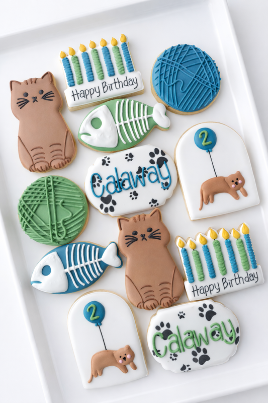 cat, fish bones, ball of yarn, birthday candles, cat with balloon, name plate, age plate kids birthday decorated cookies