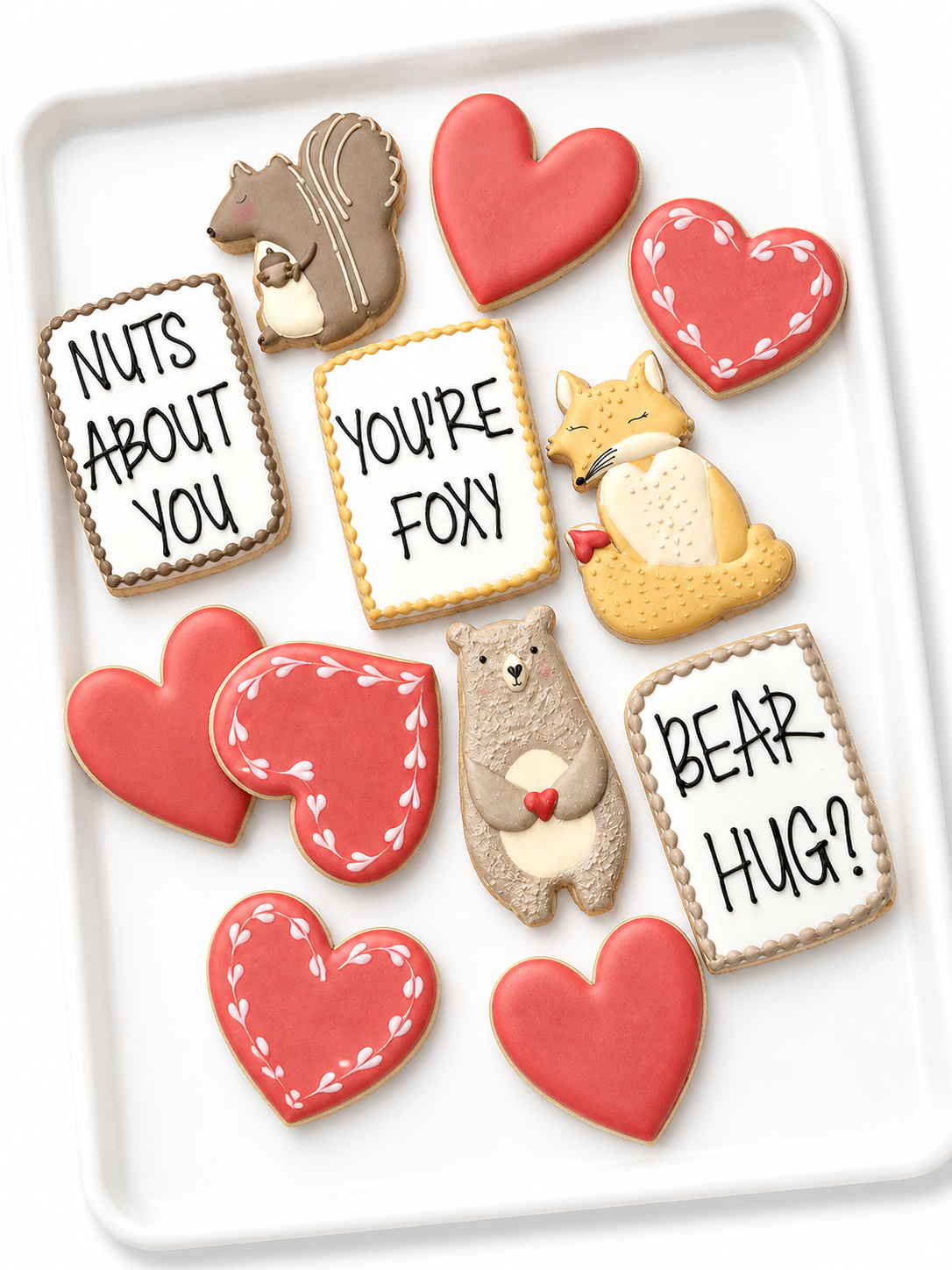 nuts about you, you're foxy, bear hug, heart cookies, fox, bear, squirrel, valentine cookies