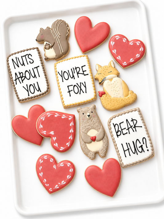 nuts about you, you're foxy, bear hug, heart cookies, fox, bear, squirrel, valentine cookies