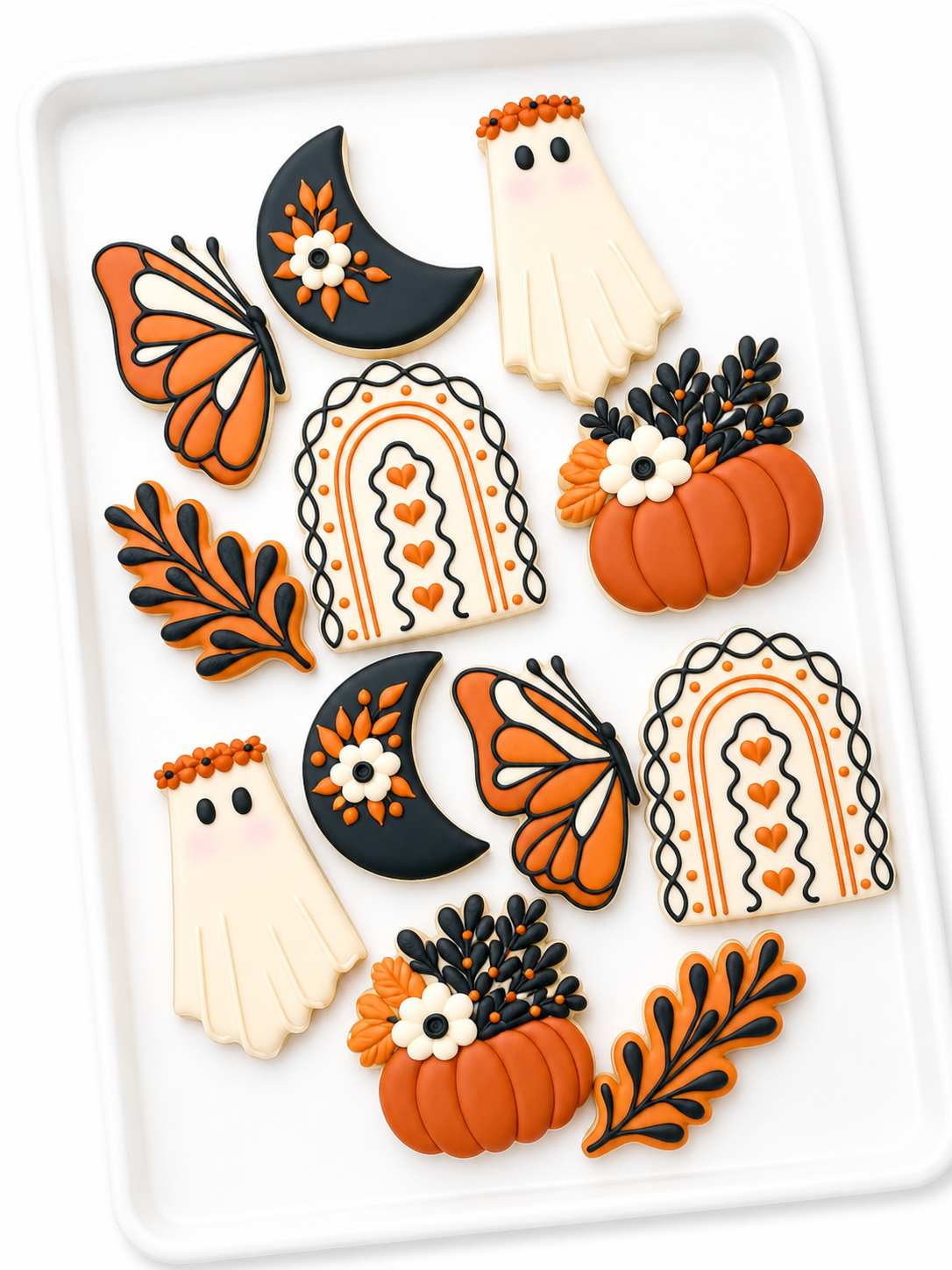 boho halloween, boo, boho rainbow, pumpkin tree with florals, moth, pumpkin with flowers, ghost with flowers, halloween cookies