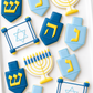 menorah, happy hanukkah, jelly doughnut, dreidel, star of david hannukah decorated cookies