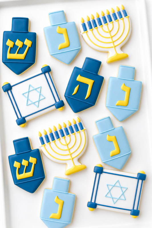 menorah, happy hanukkah, jelly doughnut, dreidel, star of david hannukah decorated cookies