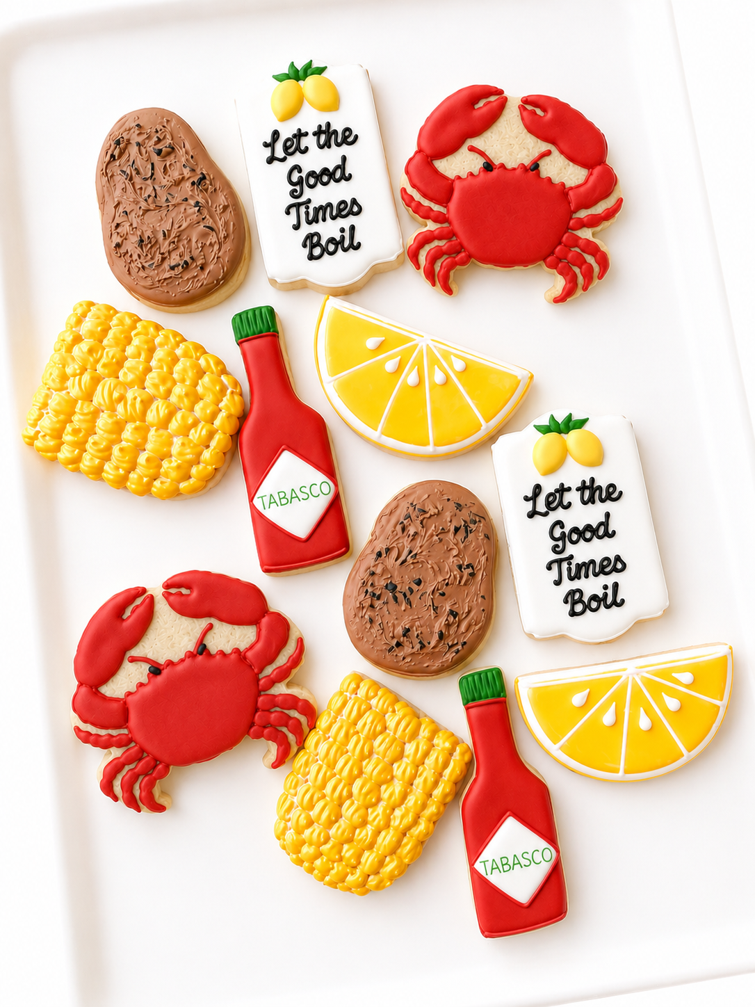 lobster, corn on the cob, lemon, potato, lobster boil, tabasco shrimp crawfish boil decorated cookies