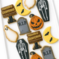 ghost, tombstone, RIP, casket, squash, pumpkin, jack-o-lantern haunted graveyard halloween decorated cookies