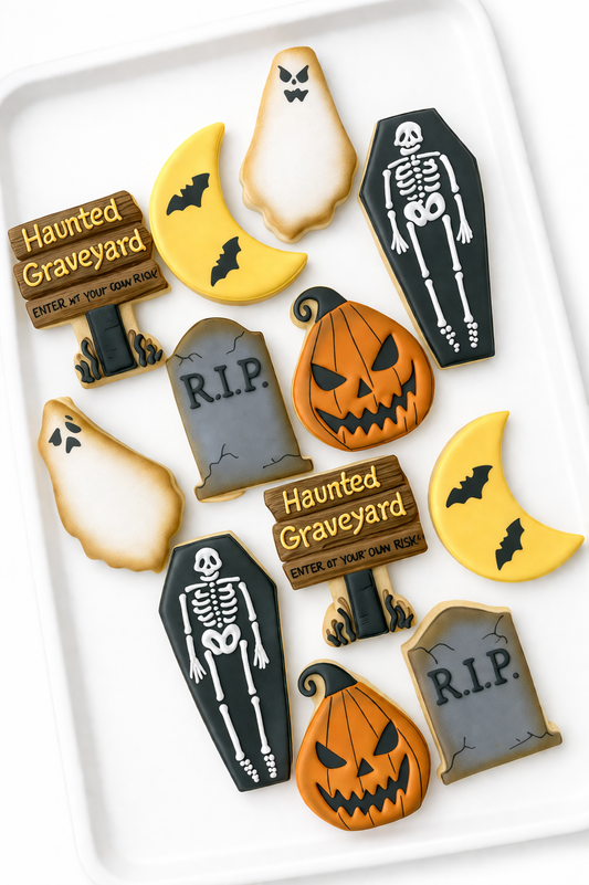ghost, tombstone, RIP, casket, squash, pumpkin, jack-o-lantern haunted graveyard halloween decorated cookies