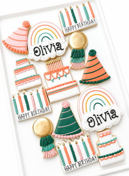 birthday cookies rainbowparty hat balloons birthday cake decorated cookies