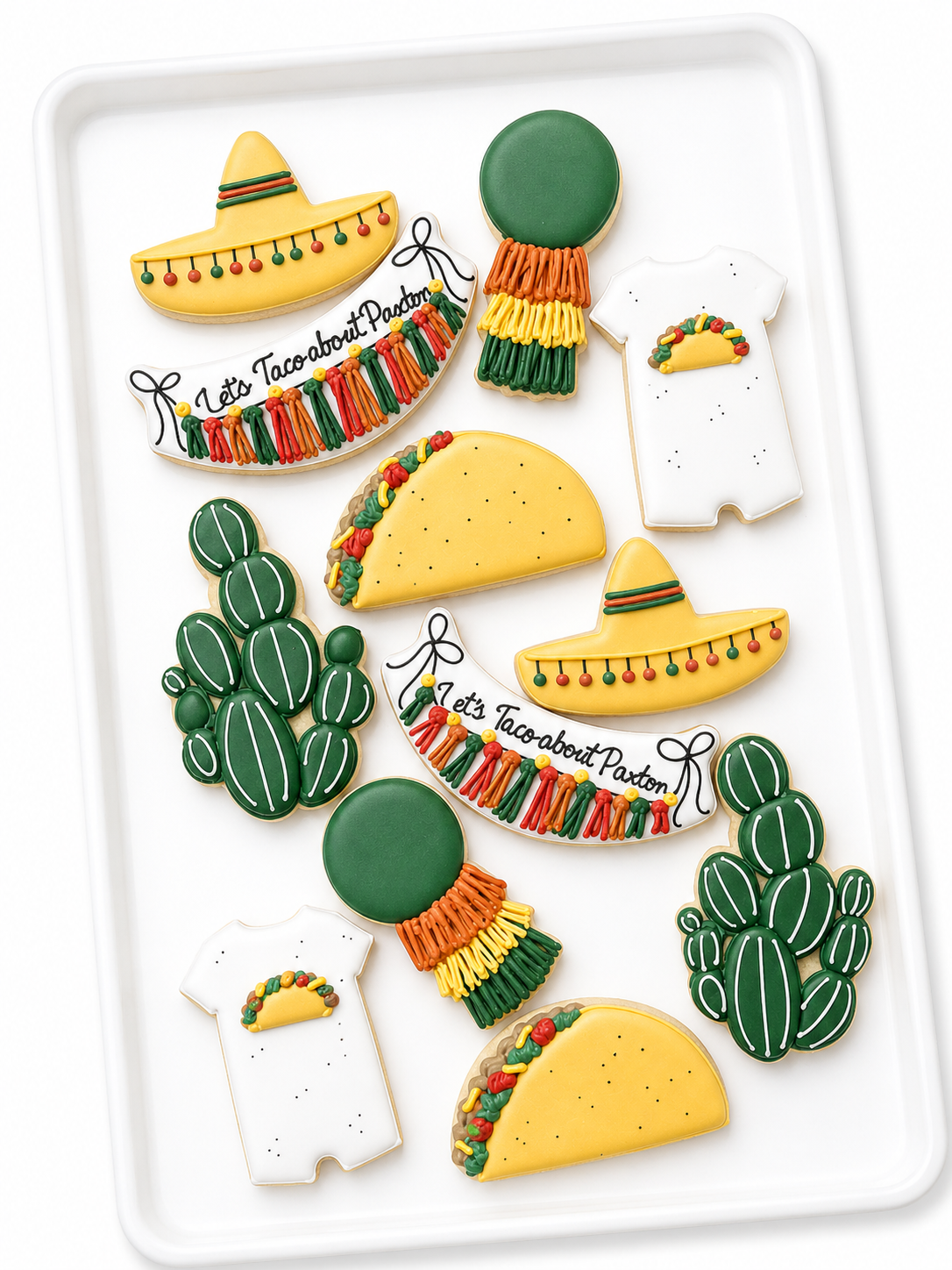 taco, sombrero, cactus, onesie, taco bout a baby, banner, let's taco about a baby shower cookies