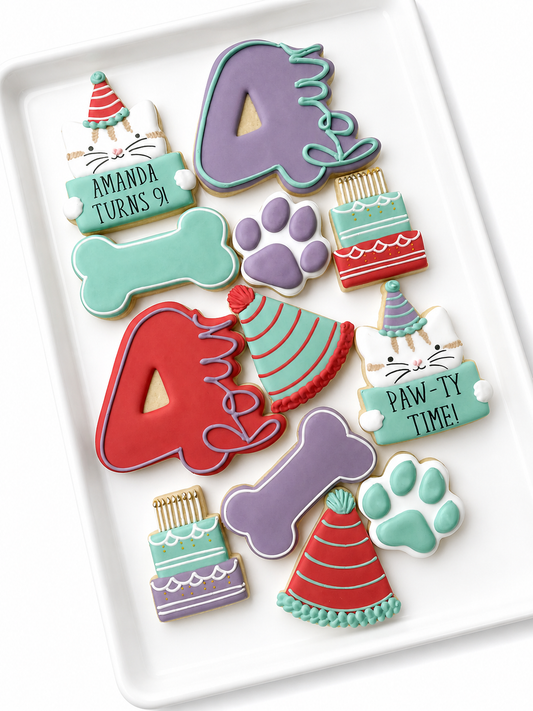 happy birthday pawty, cats, birthday cake,  and puppies birthday decorated cookies
