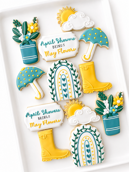 rainy day rainboots, raincoat, raindrop, umbrella, sun behind cloud, rainbow, after the rain comes sunshine, get well, feel better, sympathy cookies, april showers brings may flowers decorated cookies