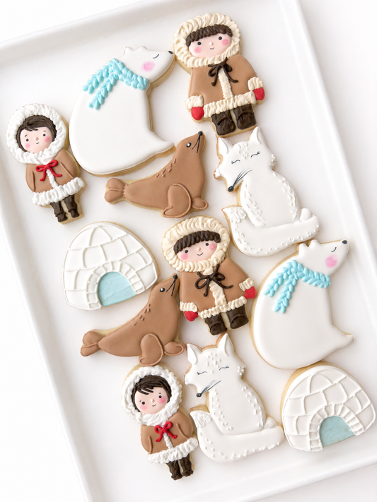 polar bear, arctic friends, inuit, seal, igloo, arctic white fox decorated cookies