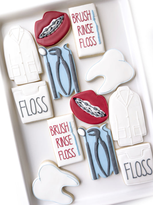 dentist thank you cookies, braces on teeth, dental floss, dentist tools, graduation cookies