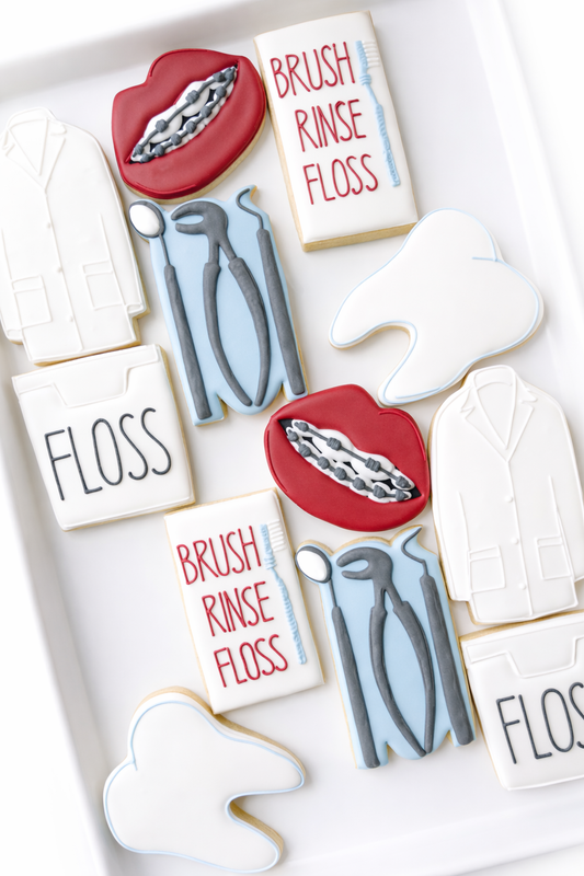 dentist thank you cookies, braces on teeth, dental floss, dentist tools, graduation cookies