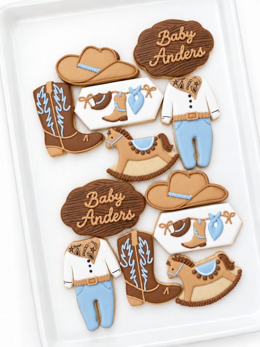 rodeo baby shower cowboy cowgirl birthday cookies cowboy boot cowboy hat rocking horse cowboy footed pajamas