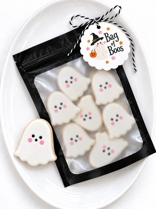 set of 8 mini ghosts in a resealable pouch bag of boos decorated halloween cookie gift
