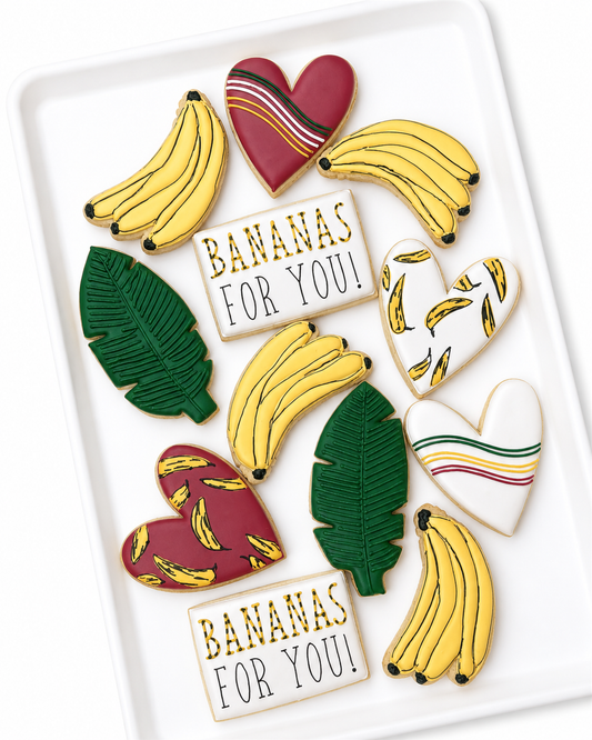 bananas for you, banana, banana leaf, heart, valentines decorated cookies