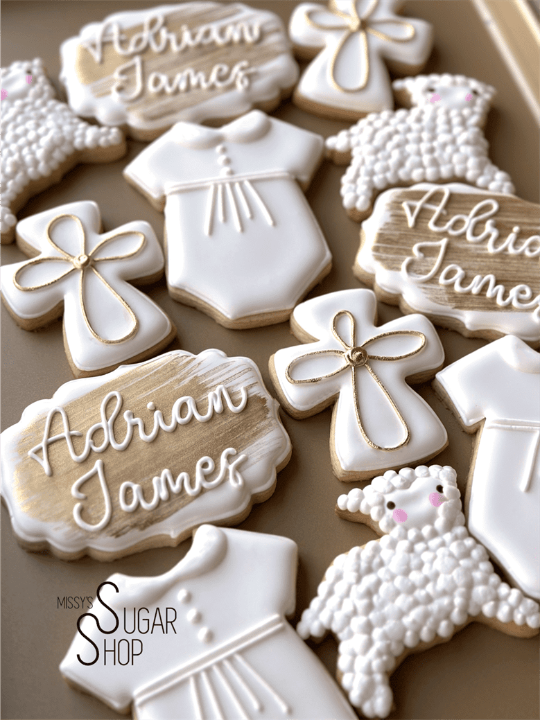 baptism day, cross, lamb, baptism gown, gold baptism cookies, god bless cookies