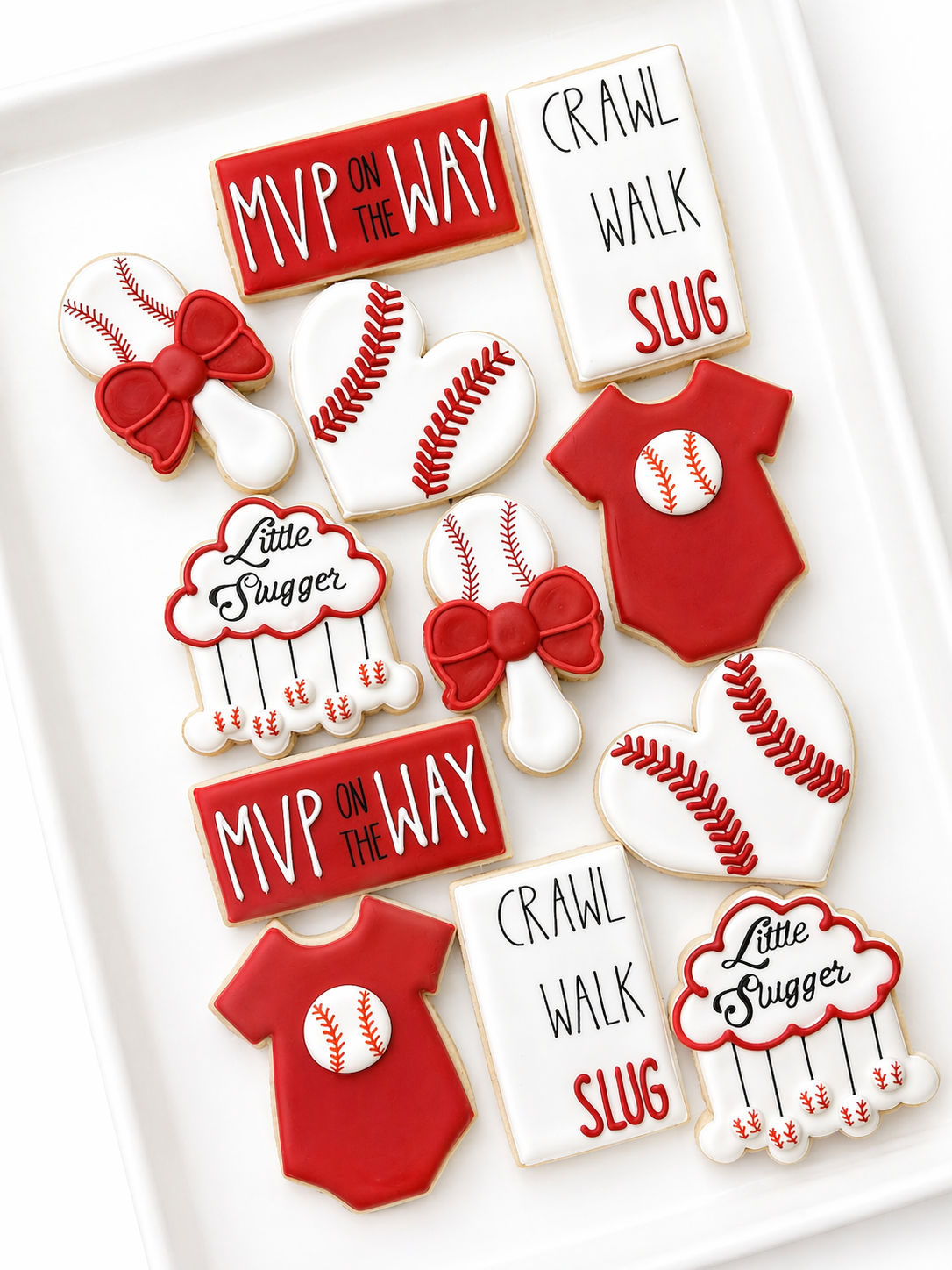 baseball, onesie, little slugger, crib mobile, rattle, mvp, baby shower cookies