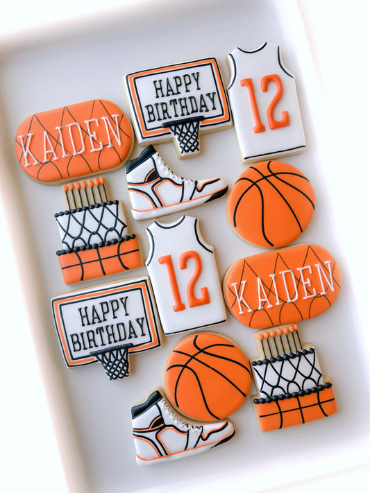 basketball, basketball jersey, basketball hoop, basketball cake, basketball high top sneaker and happy birthday basketball cookies