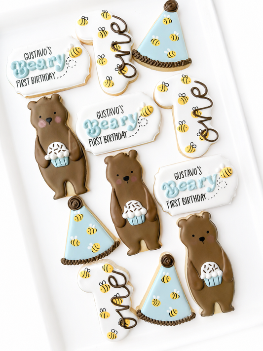 beary first birthday cookies part hat bear number one first birthday cookies