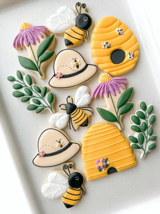 beekeeper hat bumble bee leaf coneflower honeycomb beehive decorated custom birthday cookies