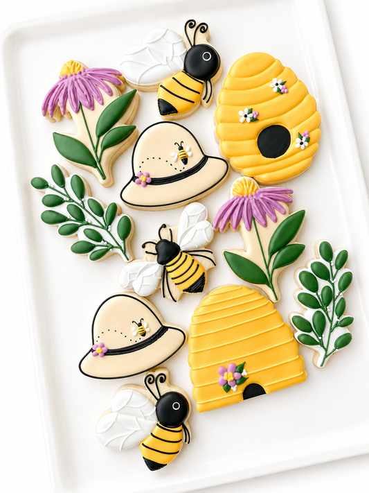 beekeeper hat bumble bee leaf coneflower honeycomb beehive decorated custom birthday cookies