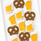 beer stein, beer pilsner, pretzel, decorated cookies