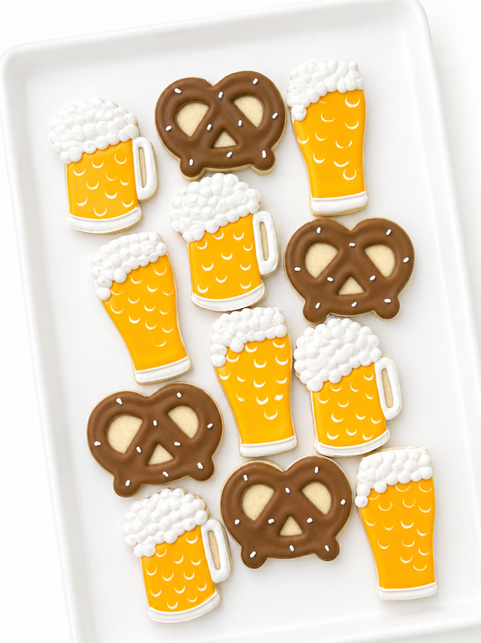 beer stein, beer pilsner, pretzel, decorated cookies