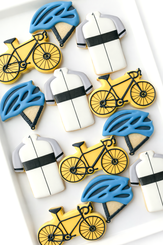 bicycle, bike helmet, bike jersey, bike birthday cookies
