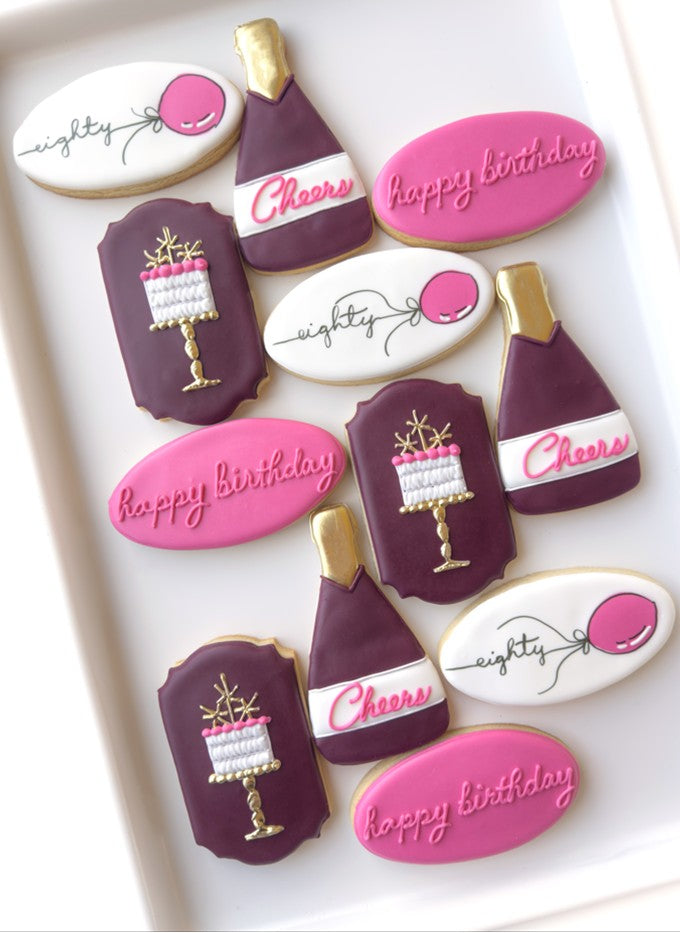 happy birthday, balloons, champagne cheers, birthday cake present balloon arch, press for champagne, champagne bottle and glass birthday cookies