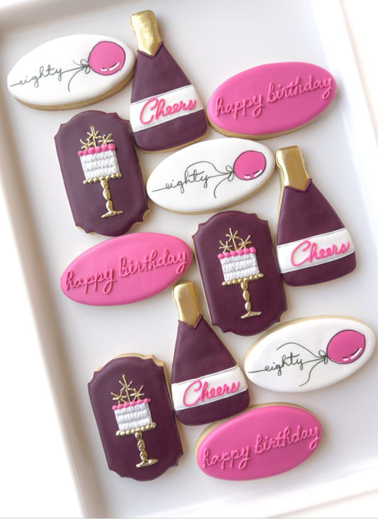 happy birthday, balloons, champagne cheers, birthday cake present balloon arch, press for champagne, champagne bottle and glass birthday cookies