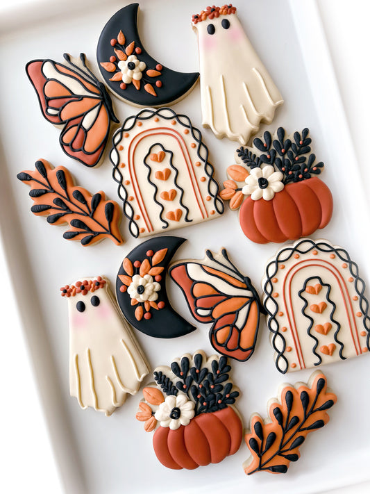 boho halloween, boo, boho rainbow, pumpkin tree with florals, moth, pumpkin with flowers, ghost with flowers, halloween cookies