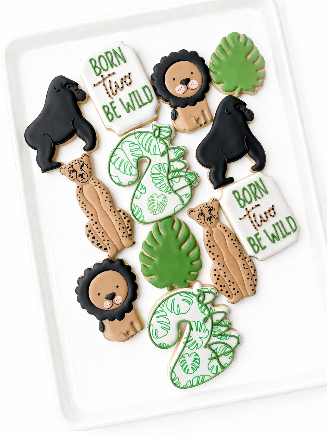 lion, gorilla, palm tree, monstera leaf, jungle birthday, wild one birthday, cheetah cookies born two be wild wild one first second birthday