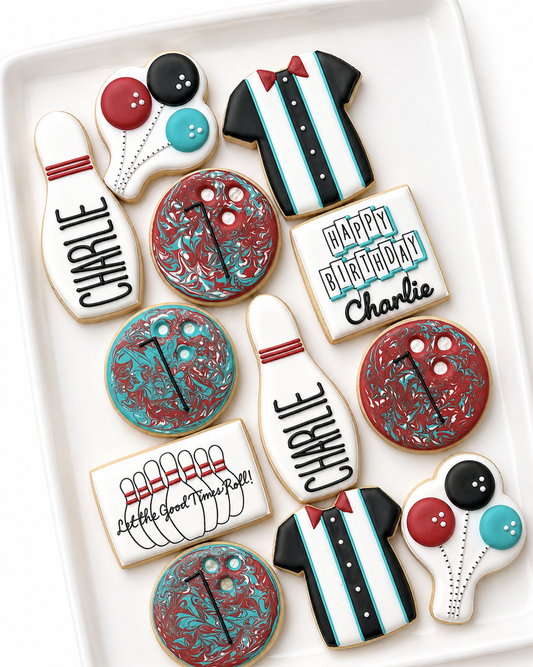 bowling ball, shirt, pin, let the good times roll, balloon bunch, happy birthday bowling cookies
