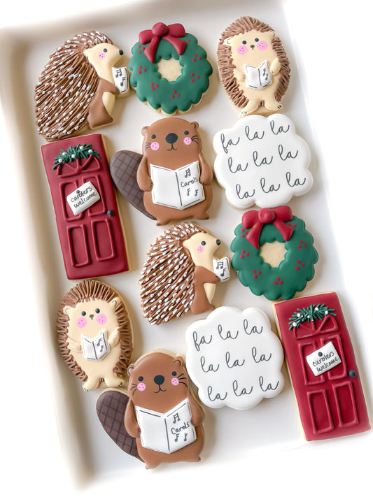 carolers, beaver, porcupine, hedgehog, christmas wreath, fa la la la, christmas door cookies