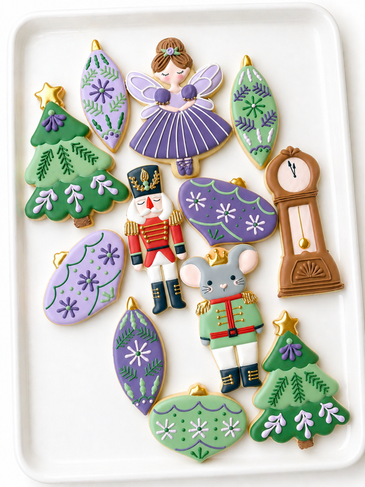 sugar plum fairy, grandfather clock, rat king, nutcracker soldier, christmas tree, rocking horse nutcracker ballet decorated cookies