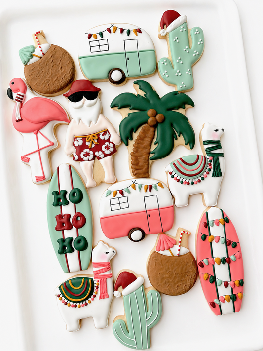 flamingle all the way, flamingo, pineapple, palm tree, camper, surfboard, ornament