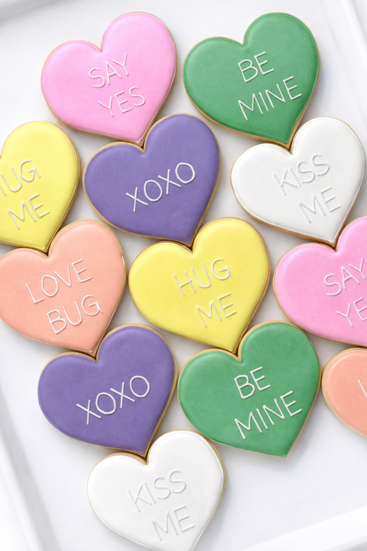 Conversation hearts valentines candy cookies, xoxo, kiss me, be mine, love bug, hug me, say yes