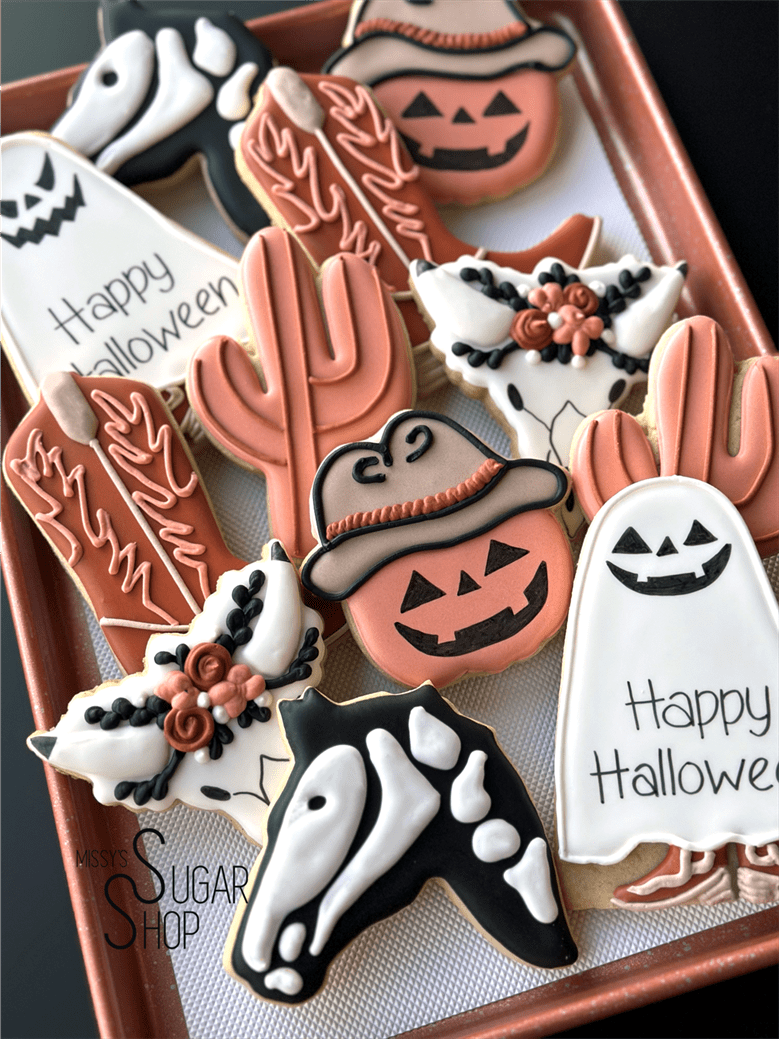 Cowboy ghost rider, cowboy boots, ghost sheriff, cactus, pumpkin with cowboy hat, horse skeleton, halloween cowboy ghost cookies